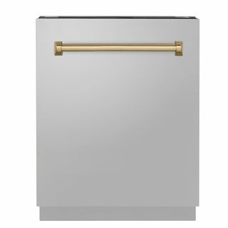 ZLINE Autograph Edition 24 in. Tallac Series 3rd Rack Dishwasher with Auto Door Open Drying, 51dBa, Stainless Steel Panel with Champagne Bronze Handle (DWVZ-304-24-CB)