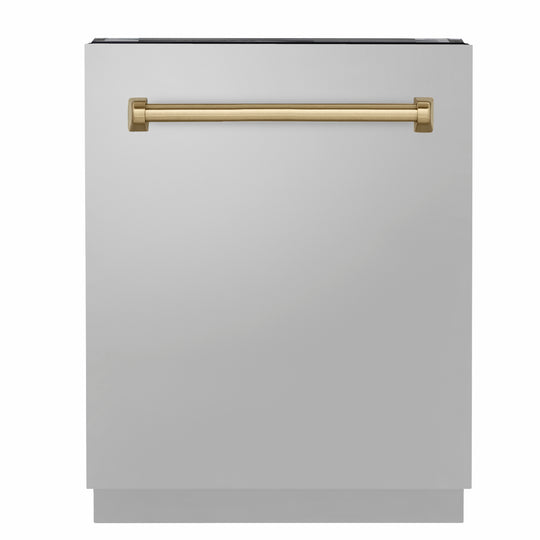 ZLINE Autograph Edition 24 in. Tallac Series 3rd Rack Dishwasher with Auto Door Open Drying, 51dBa, Stainless Steel Panel with Champagne Bronze Handle (DWVZ-304-24-CB)