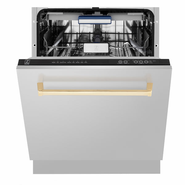 ZLINE Autograph Edition 24 in. Tallac Series 3rd Rack Dishwasher with Auto Door Open Drying, 51dBa, Stainless Steel Panel with Polished Gold Handle (DWVZ-304-24-G)