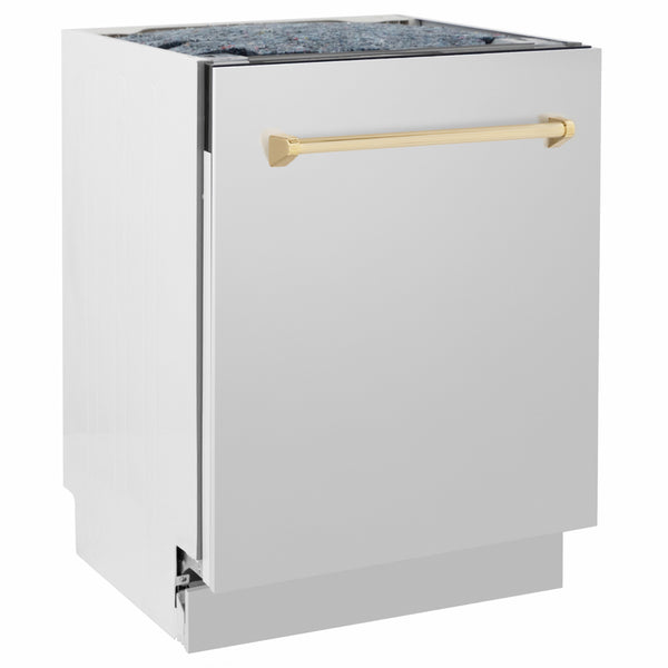 ZLINE Autograph Edition 24 in. Tallac Series 3rd Rack Dishwasher with Auto Door Open Drying, 51dBa, Stainless Steel Panel with Polished Gold Handle (DWVZ-304-24-G)