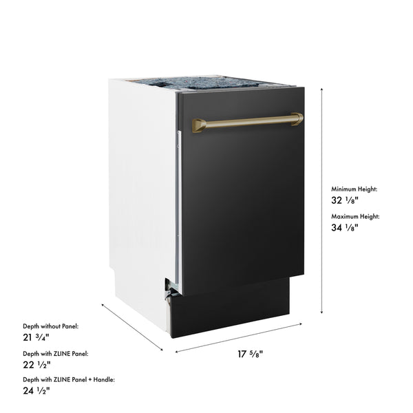 ZLINE Autograph Edition 18 in. Tallac Series 3rd Rack Dishwasher with Auto Door Open Drying, 51dBa, Black Stainless Steel Panel with Champagne Bronze Handle (DWVZ-BS-18-CB)