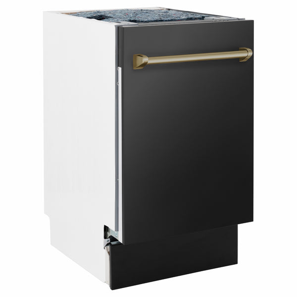 ZLINE Autograph Edition 18 in. Tallac Series 3rd Rack Dishwasher with Auto Door Open Drying, 51dBa, Black Stainless Steel Panel with Champagne Bronze Handle (DWVZ-BS-18-CB)