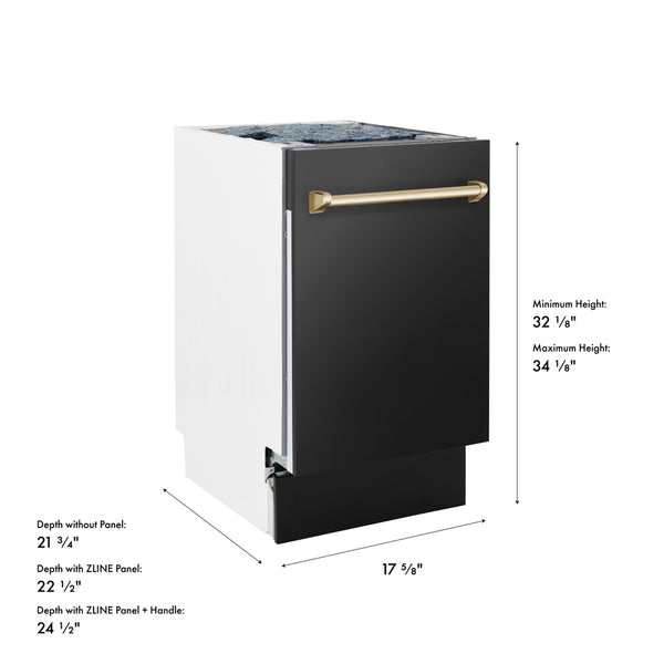 ZLINE Autograph Edition 18 in. Tallac Series 3rd Rack Dishwasher with Auto Door Open Drying, 51dBa, Black Stainless Steel Panel with Polished Gold Handle (DWVZ-BS-18-G)