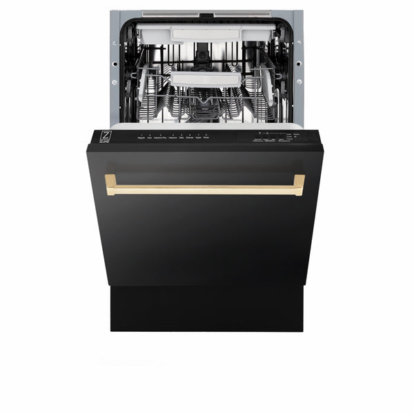 ZLINE Autograph Edition 18 in. Tallac Series 3rd Rack Dishwasher with Auto Door Open Drying, 51dBa, Black Stainless Steel Panel with Polished Gold Handle (DWVZ-BS-18-G)