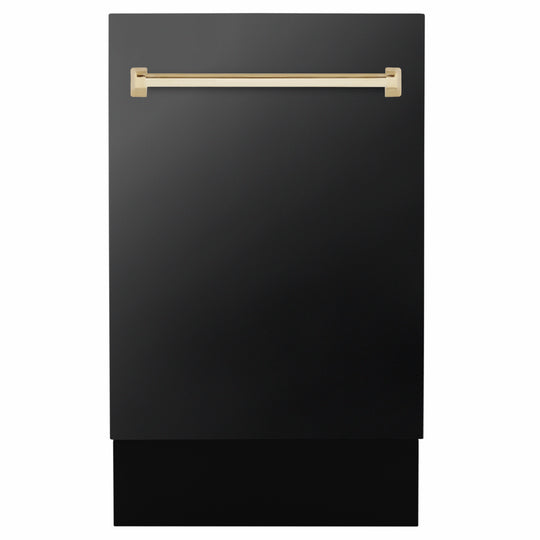 ZLINE Autograph Edition 18 in. Tallac Series 3rd Rack Dishwasher with Auto Door Open Drying, 51dBa, Black Stainless Steel Panel with Polished Gold Handle (DWVZ-BS-18-G)