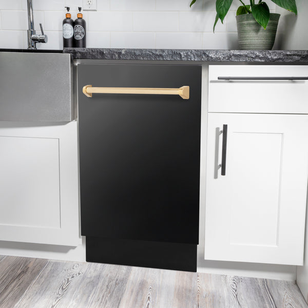 ZLINE Autograph Edition 18 in. Tallac Series 3rd Rack Dishwasher with Auto Door Open Drying, 51dBa, Black Stainless Steel Panel with Polished Gold Handle (DWVZ-BS-18-G)