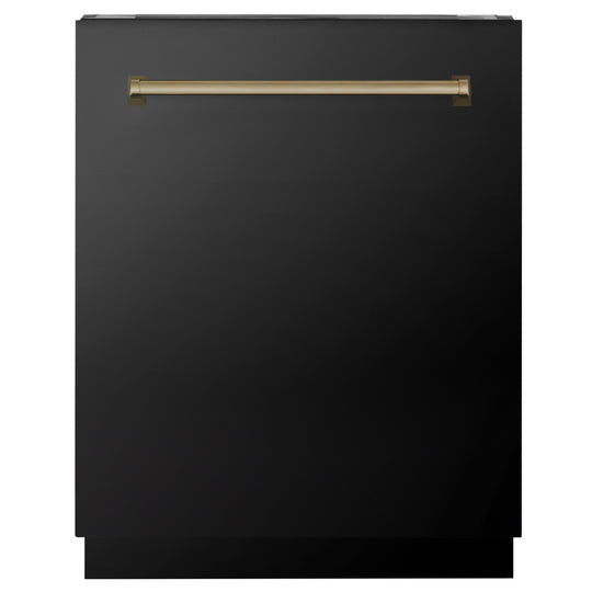 ZLINE Autograph Edition 24 in. Tallac Series 3rd Rack Dishwasher with Auto Door Open Drying, 51dBa, Black Stainless Steel Panel with Champagne Bronze Handle (DWVZ-BS-24-CB)