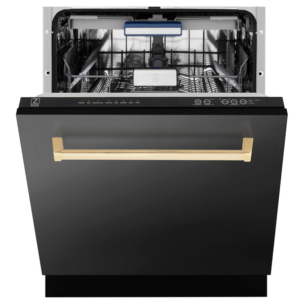 ZLINE Autograph Edition 24 in. Tallac Series 3rd Rack Dishwasher with Auto Door Open Drying, 51dBa, Black Stainless Steel Panel with Polished Gold Handle (DWVZ-BS-24-G)