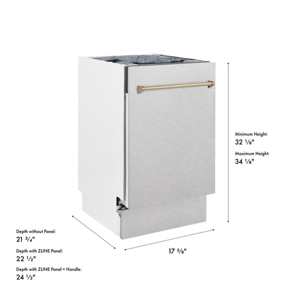 ZLINE Autograph Edition 18 in. Tallac Series 3rd Rack Dishwasher with Auto Door Open Drying, 51dBa, Satin Stainless Steel Panel with Champagne Bronze Handle (DWVZ-SN-18-CB)