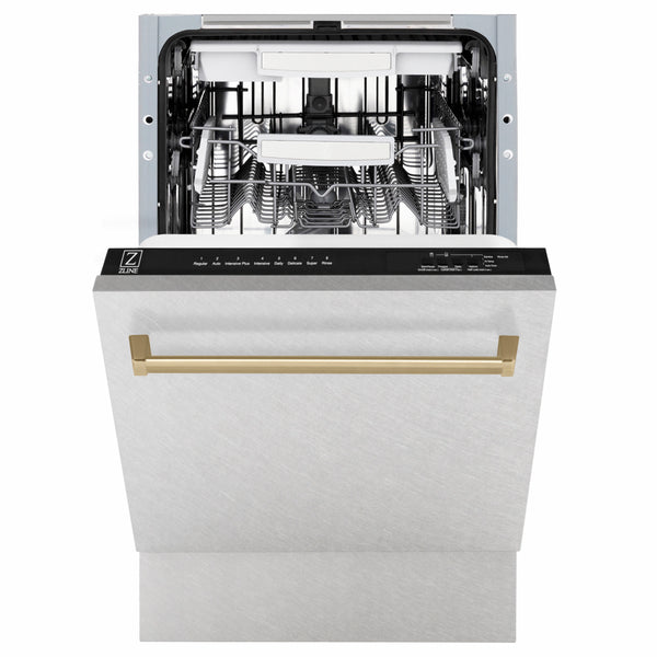 ZLINE Autograph Edition 18 in. Tallac Series 3rd Rack Dishwasher with Auto Door Open Drying, 51dBa, Satin Stainless Steel Panel with Champagne Bronze Handle (DWVZ-SN-18-CB)
