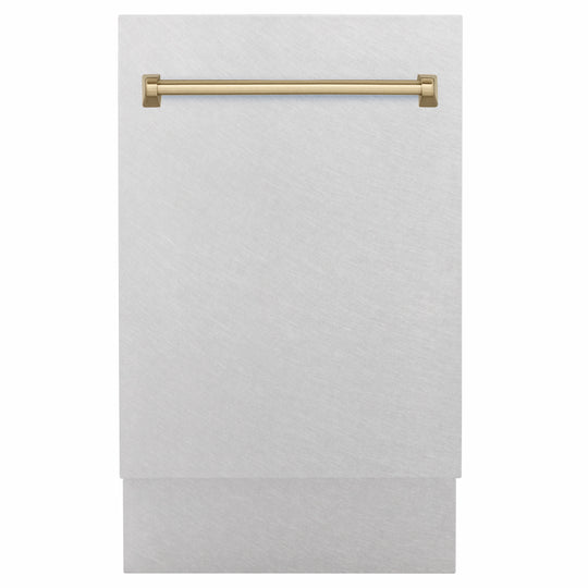 ZLINE Autograph Edition 18 in. Tallac Series 3rd Rack Dishwasher with Auto Door Open Drying, 51dBa, Satin Stainless Steel Panel with Champagne Bronze Handle (DWVZ-SN-18-CB)
