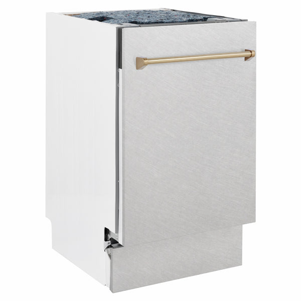 ZLINE Autograph Edition 18 in. Tallac Series 3rd Rack Dishwasher with Auto Door Open Drying, 51dBa, Satin Stainless Steel Panel with Champagne Bronze Handle (DWVZ-SN-18-CB)