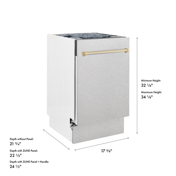 ZLINE Autograph Edition 18 in. Tallac Series 3rd Rack Dishwasher with Auto Door Open Drying, 51dBa, Satin Stainless Steel Panel with Polished Gold Handle (DWVZ-SN-18-G)