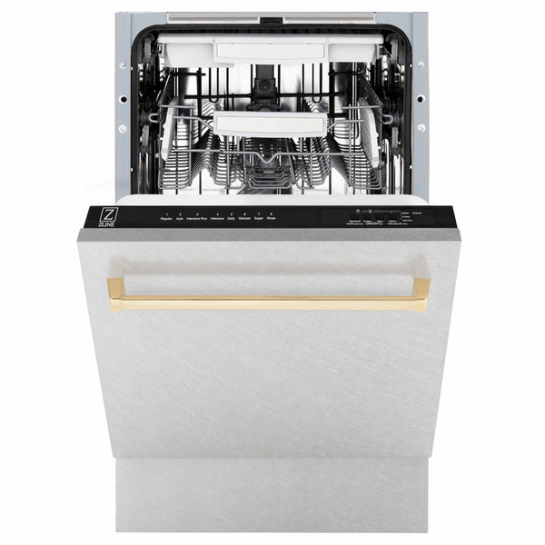 ZLINE Autograph Edition 18 in. Tallac Series 3rd Rack Dishwasher with Auto Door Open Drying, 51dBa, Satin Stainless Steel Panel with Polished Gold Handle (DWVZ-SN-18-G)