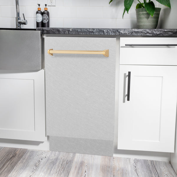 ZLINE Autograph Edition 18 in. Tallac Series 3rd Rack Dishwasher with Auto Door Open Drying, 51dBa, Satin Stainless Steel Panel with Polished Gold Handle (DWVZ-SN-18-G)