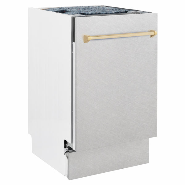 ZLINE Autograph Edition 18 in. Tallac Series 3rd Rack Dishwasher with Auto Door Open Drying, 51dBa, Satin Stainless Steel Panel with Polished Gold Handle (DWVZ-SN-18-G)