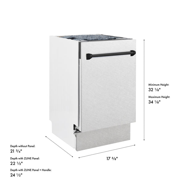 ZLINE Autograph Edition 18 in. Tallac Series 3rd Rack Dishwasher with Auto Door Open Drying, 51dBa, Satin Stainless Steel Panel with Matte Black Handle (DWVZ-SN-18-MB)