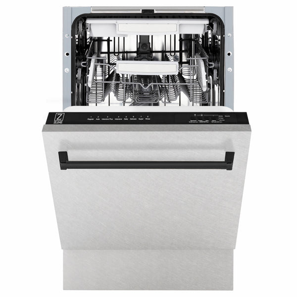 ZLINE Autograph Edition 18 in. Tallac Series 3rd Rack Dishwasher with Auto Door Open Drying, 51dBa, Satin Stainless Steel Panel with Matte Black Handle (DWVZ-SN-18-MB)