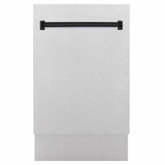 ZLINE Autograph Edition 18 in. Tallac Series 3rd Rack Dishwasher with Auto Door Open Drying, 51dBa, Satin Stainless Steel Panel with Matte Black Handle (DWVZ-SN-18-MB)
