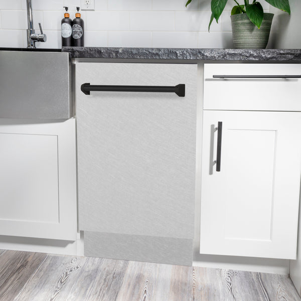 ZLINE Autograph Edition 18 in. Tallac Series 3rd Rack Dishwasher with Auto Door Open Drying, 51dBa, Satin Stainless Steel Panel with Matte Black Handle (DWVZ-SN-18-MB)
