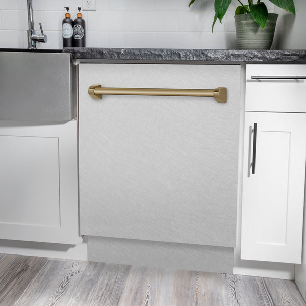 ZLINE Autograph Edition 24 in. Tallac Series 3rd Rack Dishwasher with Auto Door Open Drying, 51dBa, Satin Stainless Steel Panel with Champagne Bronze Handle (DWVZ-SN-24-CB)