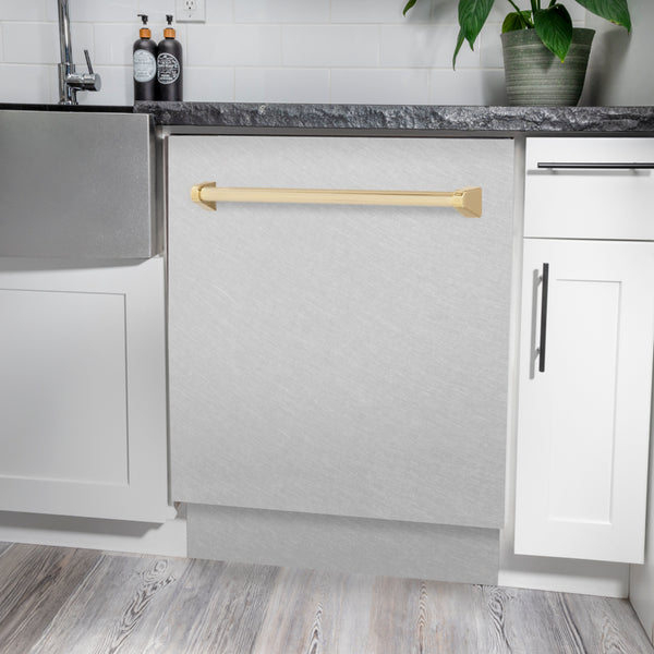 ZLINE Autograph Edition 24 in. Tallac Series 3rd Rack Dishwasher with Auto Door Open Drying, 51dBa, Satin Stainless Steel Panel with Polished Gold Handle (DWVZ-SN-24-G)