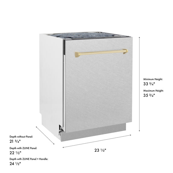 ZLINE Autograph Edition 24 in. Tallac Series 3rd Rack Dishwasher with Auto Door Open Drying, 51dBa, White Matte Panel with Polished Gold Handle (DWVZ-WM-24-G)