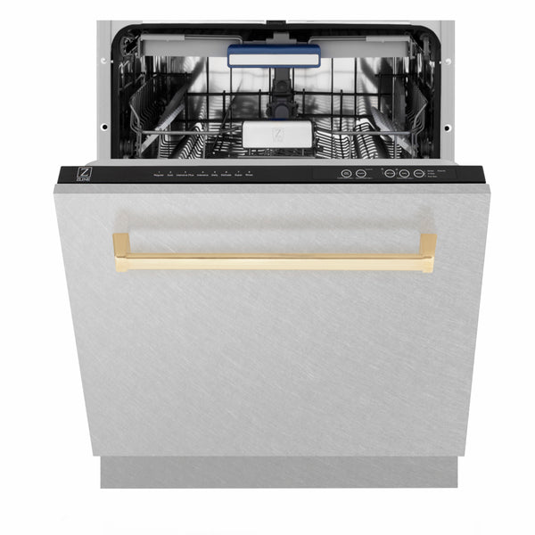 ZLINE Autograph Edition 24 in. Tallac Series 3rd Rack Dishwasher with Auto Door Open Drying, 51dBa, White Matte Panel with Polished Gold Handle (DWVZ-WM-24-G)