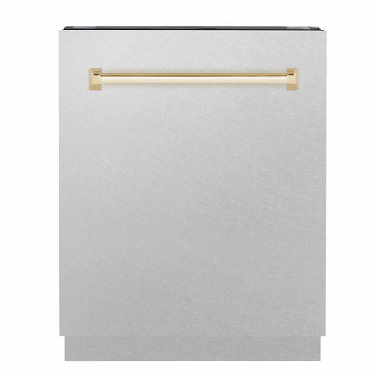 ZLINE Autograph Edition 24 in. Tallac Series 3rd Rack Dishwasher with Auto Door Open Drying, 51dBa, White Matte Panel with Polished Gold Handle (DWVZ-WM-24-G)