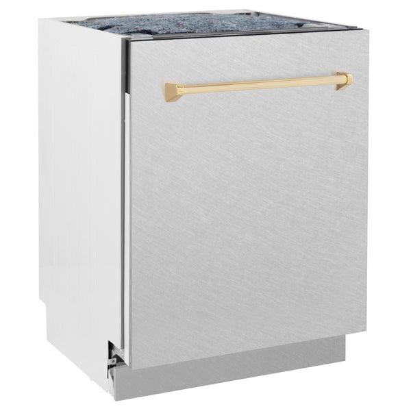 ZLINE Autograph Edition 24 in. Tallac Series 3rd Rack Dishwasher with Auto Door Open Drying, 51dBa, White Matte Panel with Polished Gold Handle (DWVZ-WM-24-G)