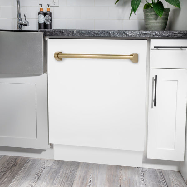ZLINE Autograph Edition 24 in. Tallac Series 3rd Rack Dishwasher with Auto Door Open Drying, 51dBa, White Matte Panel with Champagne Bronze Handle (DWVZ-WM-24-CB)