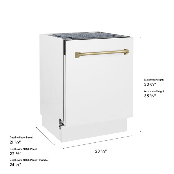 ZLINE Autograph Edition 24 in. Tallac Series 3rd Rack Dishwasher with Auto Door Open Drying, 51dBa, White Matte Panel with Champagne Bronze Handle (DWVZ-WM-24-CB)