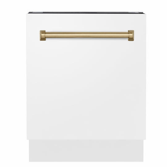 ZLINE Autograph Edition 24 in. Tallac Series 3rd Rack Dishwasher with Auto Door Open Drying, 51dBa, White Matte Panel with Champagne Bronze Handle (DWVZ-WM-24-CB)