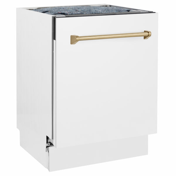 ZLINE Autograph Edition 24 in. Tallac Series 3rd Rack Dishwasher with Auto Door Open Drying, 51dBa, White Matte Panel with Champagne Bronze Handle (DWVZ-WM-24-CB)