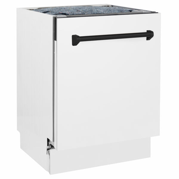 ZLINE Autograph Edition 24 in. Tallac Series 3rd Rack Dishwasher with Auto Door Open Drying, 51dBa, White Matte Panel with Matte Black Handle (DWVZ-WM-24-MB)