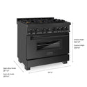 ZLINE 36 in. 4.6 cu. ft. Legacy Dual Fuel Range with Gas Cooktop and Electric Convection Oven in Black Stainless Steel with 6 Brass Burners, Open Box-Good Condition dimensional diagram.