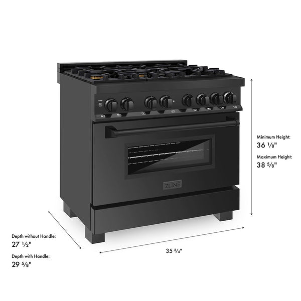 ZLINE 36 in. 4.6 cu. ft. Legacy Dual Fuel Range with Gas Cooktop and Electric Convection Oven in Black Stainless Steel with 6 Brass Burners, Open Box-Good Condition dimensional diagram.