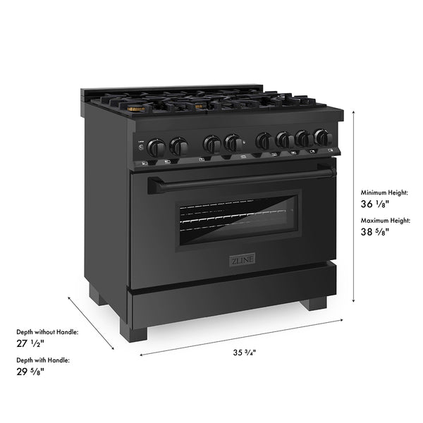 ZLINE 36 in. 4.6 cu. ft. Legacy Dual Fuel Range with Gas Cooktop and Electric Convection Oven in Black Stainless Steel with 6 Brass Burners, Open Box-Great Condition