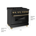 ZLINE Autograph Edition 36 in. 4.6 cu. ft. Legacy Dual Fuel Range with 6 Burner Gas Cooktop and Electric Convection Oven in Black Stainless Steel and Champagne Bronze Accents, Open Box-Good Condition dimensional diagram.