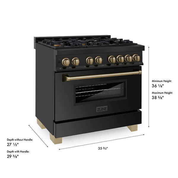 ZLINE Autograph Edition 36 in. 4.6 cu. ft. Legacy Dual Fuel Range with 6 Burner Gas Cooktop and Electric Convection Oven in Black Stainless Steel and Champagne Bronze Accents, Open Box-Good Condition dimensional diagram.