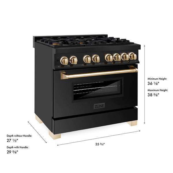 ZLINE Autograph Edition 36 in. 4.6 cu. ft. Legacy Dual Fuel Range with 6 Burner Gas Cooktop and Electric Convection Oven in Black Stainless Steel and Polished Gold Accents, Open Box-Great Condition