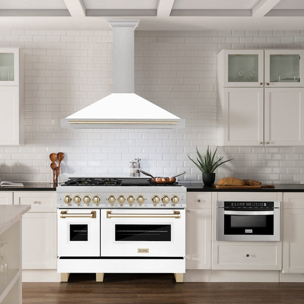 ZLINE 48 in. Autograph Edition Convertible Fingerprint Resistant Satin Stainless Steel Range Hood with White Matte Shell and Polished Gold Handle (KB4SNZ-WM48-G)