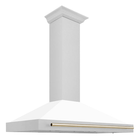 ZLINE 48 in. Autograph Edition Convertible Fingerprint Resistant Satin Stainless Steel Range Hood with White Matte Shell and Polished Gold Handle (KB4SNZ-WM48-G)