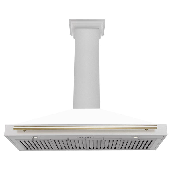 ZLINE 48 in. Autograph Edition Convertible Fingerprint Resistant Satin Stainless Steel Range Hood with White Matte Shell and Polished Gold Handle (KB4SNZ-WM48-G)