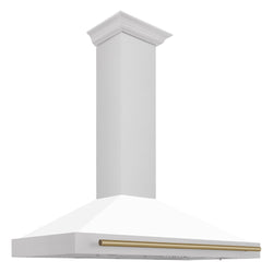 ZLINE 48 in. Autograph Edition Convertible Fingerprint Resistant Satin Stainless Steel Range Hood with White Matte Shell and Champagne Bronze Handle (KB4SNZ-WM48-CB)