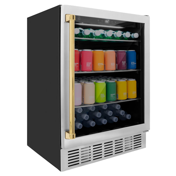 ZLINE 24" Autograph Edition 154 Can Beverage Cooler Fridge with Adjustable Shelves in Stainless Steel with Polished Gold  Accents (RBVZ-US-24-G)