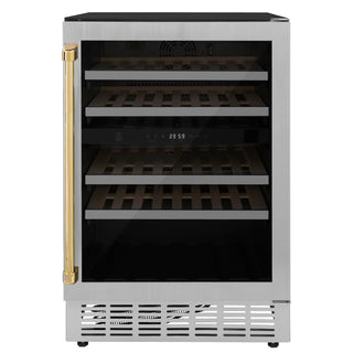 ZLINE 24" Autograph Edition Dual Zone 44-Bottle Wine Cooler in Stainless Steel with Wood Shelf and Polished Gold  Accents (RWVZ-UD-24-G)