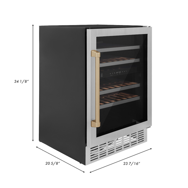 ZLINE Autograph Edition 24 in. Monument Dual Zone 44 Bottle Wine Cooler in Stainless Steel with Champagne Bronze Accents (RWVZ-UD-24-CB)