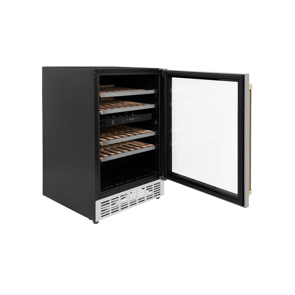 ZLINE 24" Autograph Edition Dual Zone 44-Bottle Wine Cooler in Stainless Steel with Wood Shelf and Champagne Bronze Accents (RWVZ-UD-24-CB)