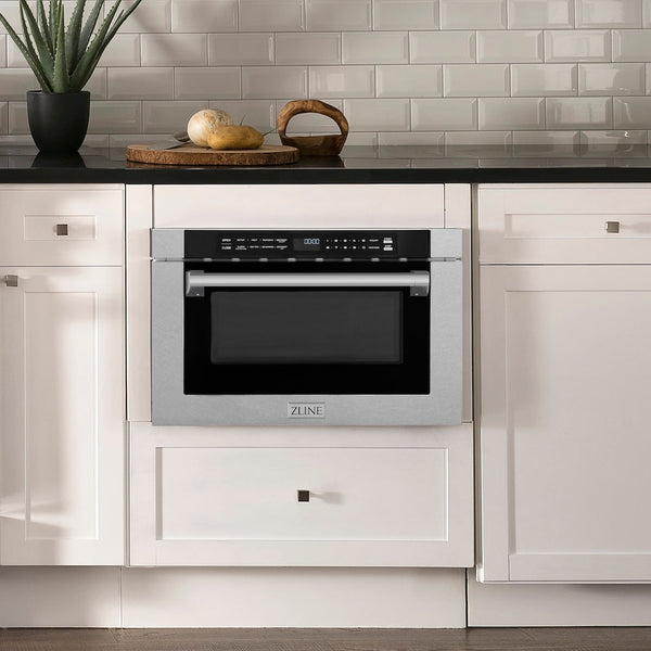 ZLINE 24 in. 1.2 cu. ft. Built-in Microwave Drawer with a Traditional Handle in Satin Stainless Steel, Open Box-Good Condition